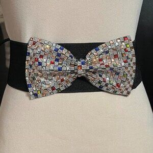 Cato Rhinestone Bow Stretch Belt Black Multicolor NWT